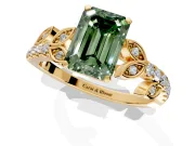Leaf Motif Engagement Ring Setting for Fancy Green Emerald Cut Center with Pave Band and Prong Head in Yellow Gold