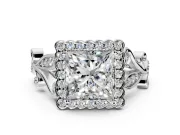 Halo Engagement Ring Setting for Princess Cut Center with Leaf Motif Split Shank and Prong Head in Platinum