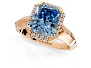 Halo Engagement Ring Setting for Fancy Blue Radiant Cut Center with Knife Ridge Cathedral Band and Prong Head in Rose Gold