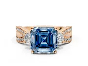 3 Stone Engagement Ring Setting for Fancy Blue Asscher Cut Center with Pave Twist Band and Prong Head in Rose Gold