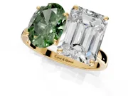 Fancy Green Oval and Emerald Cut Lab-Grown Diamond Toi et Moi Engagement Ring with Prong-Set Stones in Yellow Gold
