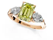 3 Stone Engagement Ring Setting for Fancy Yellow Emerald Cut Center with Large Pear-Shaped Accents and Prong Head in Rose Gold