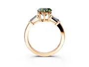 3 Stone Engagement Ring Setting for Fancy Green Heart-Shaped Center with Baguette Accents and Prong Head in Rose Gold