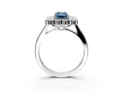Cluster Halo Engagement Ring Setting for Fancy Blue Emerald Cut Center with Milgrain Bezel Accents and Prong Head in White Gold