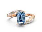 Solitaire Engagement Ring Setting for Fancy Blue Emerald Cut Center with Pave Bypass Swirl Band and Prong Head in Rose Gold