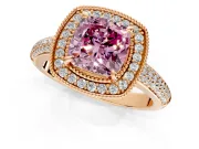Milgrain Halo Engagement Ring Setting for Fancy Pink Cushion Cut Center with Three-Sided Pave Band and Prong Head in Rose Gold