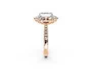 Floral Halo Engagement Ring Setting for Asscher Cut Center with Pave Accents and Prong Head in Rose Gold