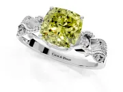Leaf Engagement Ring Setting for Fancy Yellow Cushion Cut Center with Milgrain Accent Band and Prong Head in Sterling Silver