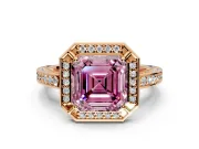 Halo Engagement Ring Setting for Fancy Pink Asscher Cut Center with Framed Halo, Pave Band and Prong Head in Rose Gold