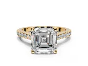 Solitaire Engagement Ring Setting for Asscher Cut Center with Widening Pave Band and Claw Prong Head in Yellow Gold