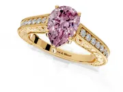 Solitaire Engagement Ring Setting for Fancy Pink Pear-Shaped Center with Engraved Pave Band and Prong Head in Yellow Gold