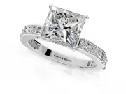 Solitaire Engagement Ring Setting for Princess Cut Center with Milgrain-Edged Pave Band and Prong Head in Platinum