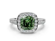 Bezel-Framed Halo Engagement Ring Setting for Fancy Green Cushion Cut Center with Pave Band and Prong Head in White Gold