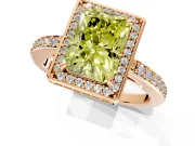 Halo Engagement Ring Setting for Fancy Yellow Radiant Cut Center with Metal-Rimmed Halo, Pave Band and Prong Head in Rose Gold
