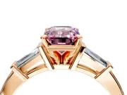 3 Stone Engagement Ring Setting for Fancy Pink Emerald Cut Center with Channel Baguette Accents and Prong Head in Rose Gold