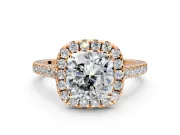 Halo Engagement Ring Setting for Cushion Cut Center with Narrowing Pave Band and Prong Head in Rose Gold