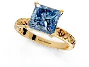 Solitaire Engagement Ring Setting for Fancy Blue Princess Cut Center with XO Engraved Band and Prong Head in Yellow Gold