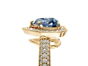 Milgrain Halo Engagement Ring Setting for Fancy Blue Heart-Shaped Center with Three-Sided Pave Band and Prong Head in Yellow Gold