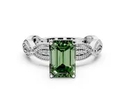 Solitaire Engagement Ring Setting for Fancy Green Emerald Cut Center with Marquise Panel Band and Prong Head in Sterling Silver