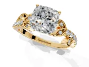 Leaf Motif Engagement Ring Setting for Cushion Cut Center with Pave Band and Prong Head in Yellow Gold