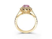 Double Halo Engagement Ring Setting for Fancy Pink Cushion Cut Center with Narrow Pave Split Shank and Prong Head in Yellow Gold