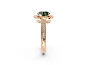 Milgrain Halo Engagement Ring Setting for Fancy Green Round Cut Center with Three-Sided Pave Band and Prong Head in Rose Gold