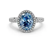 Accent Halo Engagement Ring Setting for Fancy Blue Oval Center with Full-Length Pave Band and Prong Head in White Gold