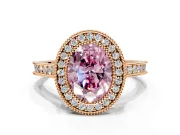 Halo Engagement Ring Setting for Fancy Pink Oval Center with Milgrain Pave Band and Bezel Head in Rose Gold