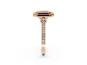 Halo Engagement Ring Setting for Fancy Pink Radiant Cut Center with Milgrain Frame, Pave Band and Prong Head in Rose Gold