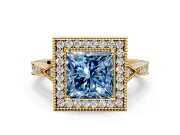 Halo Engagement Ring Setting for Fancy Blue Princess Cut Center with Milgrain Rim, Pave Band and Prong Head in Yellow Gold