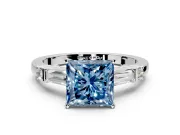 Bar-Set Engagement Ring Setting for Fancy Blue Princess Cut Center with Tapered Baguette Accents and Prong Head in Platinum
