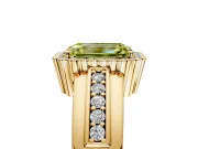Halo Engagement Ring Setting for Fancy Yellow Emerald Cut Center with Wide Band, Inlaid Accent Row and Prong Head in Yellow Gold