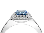 Halo Engagement Ring Setting for Fancy Blue Emerald Cut Center with Plain Tapered Band and Prong Head in Sterling Silver