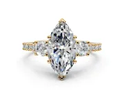 3 Stone Engagement Ring Setting for Marquise Center with Round Cut Side Accents and Prong Head in Yellow Gold