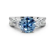 3 Stone Engagement Ring Setting for Fancy Blue Round Cut Center with Pave Split Shank and Prong Head in Sterling Silver