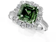 Milgrain Halo Engagement Ring Setting for Fancy Green Asscher Cut Center with Bezel Point Accents and Prong Head in Platinum