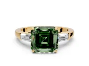 3 Stone Engagement Ring Setting for Fancy Green Asscher Cut Center with Baguette Accents and Prong Head in Yellow Gold