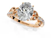 Leaf Motif Engagement Ring Setting for Oval Center with Pave Band and Prong Head in Rose Gold