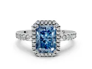 Accent Halo Engagement Ring Setting for Fancy Blue Radiant Cut Center with Full-Length Pave Band and Prong Head in Sterling Silver