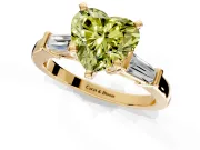 3 Stone Engagement Ring Setting for Fancy Yellow Heart-Shaped Center with Channel Baguette Accents and Prong Head in Yellow Gold