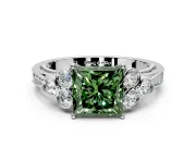 Cluster Engagement Ring Setting for Fancy Green Princess Cut Center with Bezel Accent Clusters and Prong Head in Sterling Silver