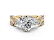 3 Stone Engagement Ring Setting for Heart-Shaped Center with Pave Twist Band and Prong Head in Yellow Gold