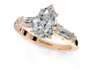 Bar-Set Engagement Ring Setting for Pear-Shaped Center with Tapered Baguette Accents and Prong Head in Rose Gold