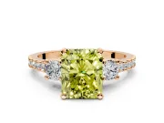 3 Stone Engagement Ring Setting for Fancy Yellow Radiant Cut Center with Round Cut Side Accents and Prong Head in Rose Gold