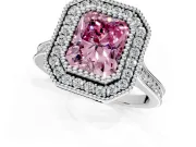 Halo Engagement Ring Setting for Fancy Pink Radiant Cut Center with Milgrain Frame, Pave Band and Prong Head in White Gold