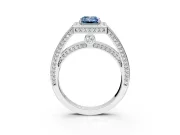 Halo Engagement Ring Setting for Fancy Blue Emerald Cut Center with Framed Halo, Pave Band and Prong Head in White Gold