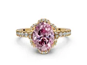 Halo Engagement Ring Setting for Fancy Pink Oval Center with Openwork Halo, Pave Band and Prong Head in Yellow Gold