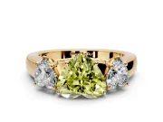 3 Stone Engagement Ring Setting for Fancy Yellow Heart-Shaped Center with Raised Basket Heads and Prong Head in Yellow Gold