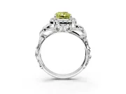 Halo Engagement Ring Setting for Fancy Yellow Radiant Cut Center with Open Scroll Shoulders and Prong Head in Platinum