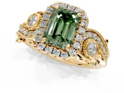 Milgrain Halo Engagement Ring Setting for Fancy Green Emerald Cut Center with Shoulder Bezels and Prong Head in Yellow Gold